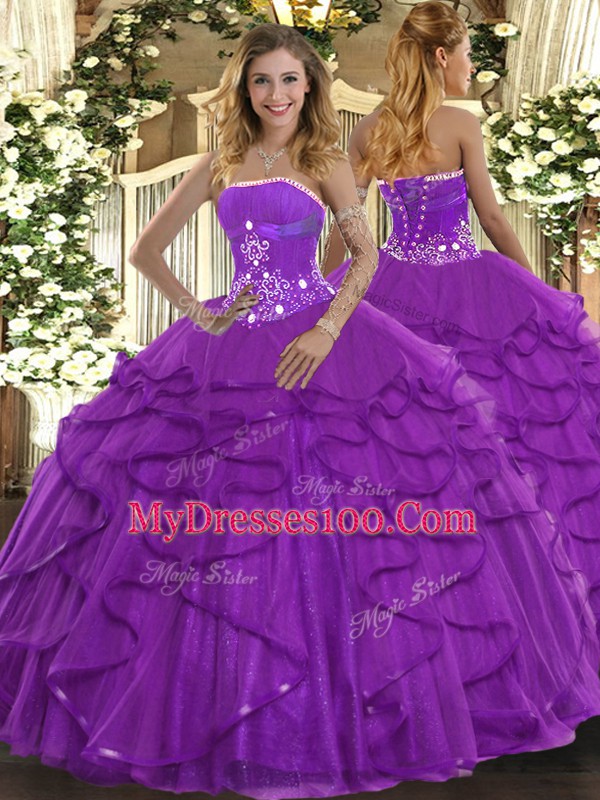 Glorious Ball Gowns Quinceanera Gown Purple Strapless Tulle Sleeveless Floor Length Lace Up