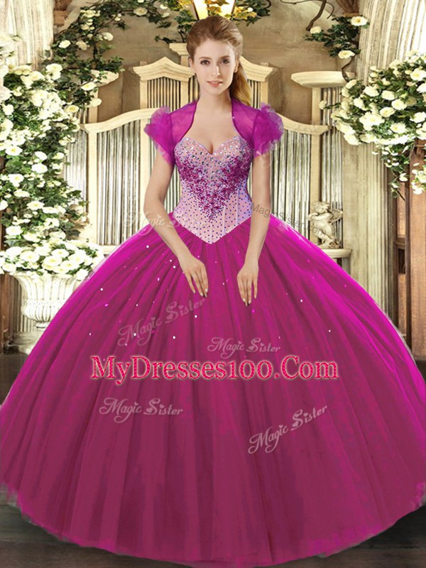 Extravagant Floor Length Fuchsia Ball Gown Prom Dress Tulle Sleeveless Beading