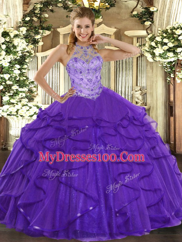 Purple Ball Gowns Halter Top Sleeveless Organza Floor Length Lace Up Beading and Ruffles Sweet 16 Dresses