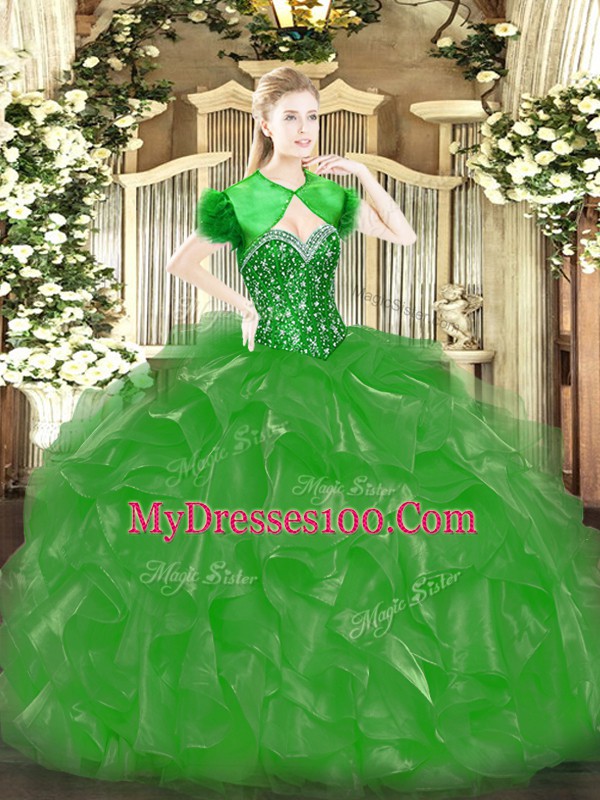 Pretty Green Sleeveless Organza Lace Up Quinceanera Dresses for Military Ball and Sweet 16 and Quinceanera