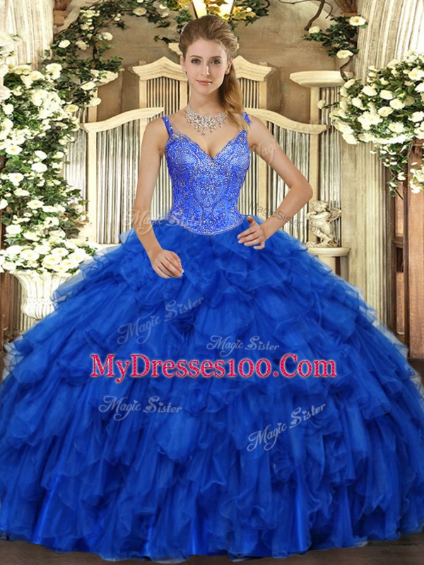 Royal Blue Sleeveless Organza Lace Up Quinceanera Gown for Military Ball and Sweet 16 and Quinceanera