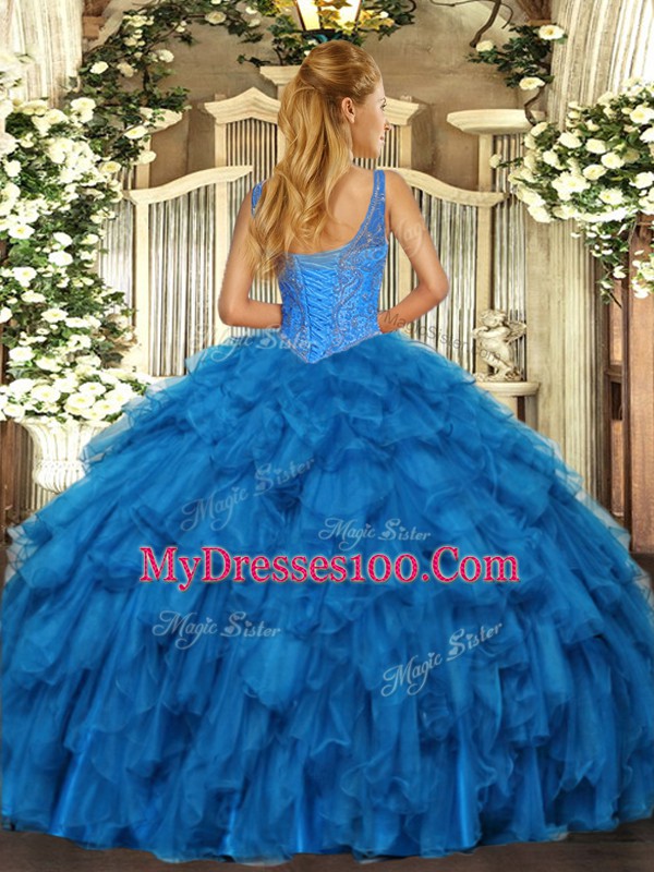 Royal Blue Sleeveless Organza Lace Up Quinceanera Gown for Military Ball and Sweet 16 and Quinceanera