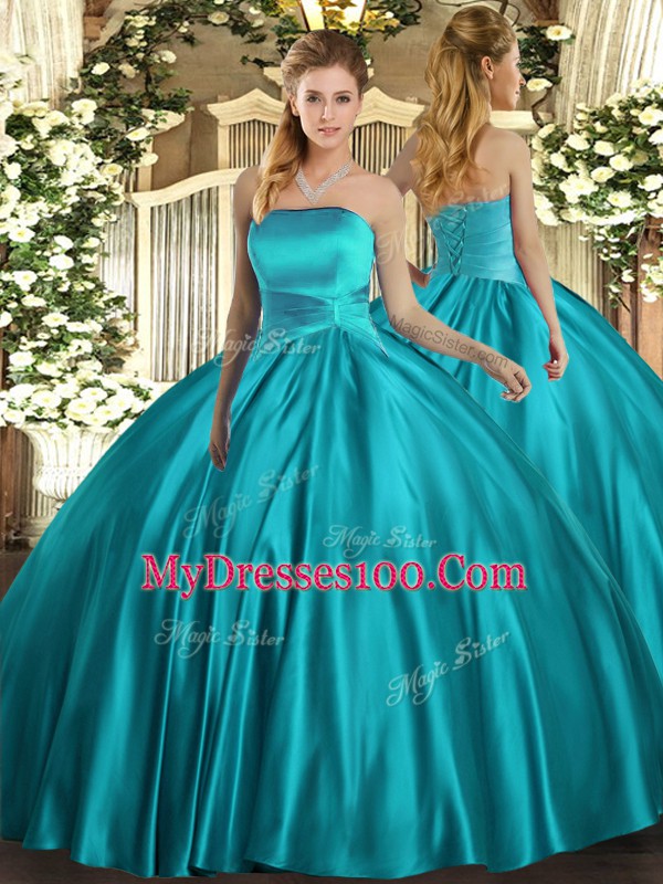 New Arrival Teal Sleeveless Satin Lace Up Ball Gown Prom Dress for Military Ball and Sweet 16 and Quinceanera
