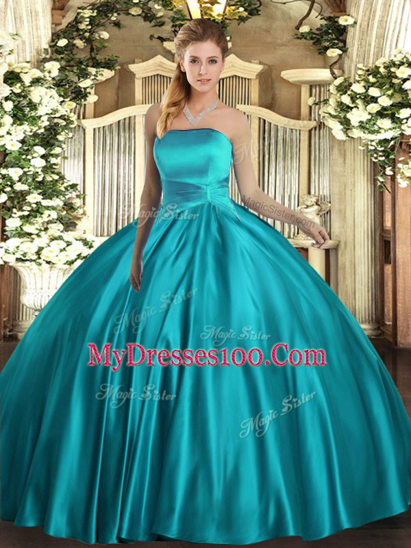 New Arrival Teal Sleeveless Satin Lace Up Ball Gown Prom Dress for Military Ball and Sweet 16 and Quinceanera