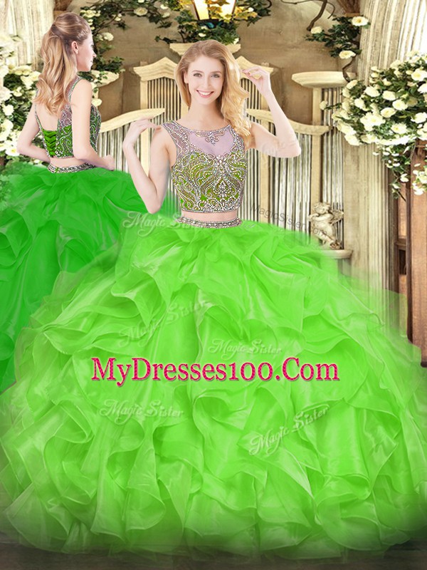 Hot Selling Beading and Ruffles 15th Birthday Dress Lace Up Sleeveless Floor Length