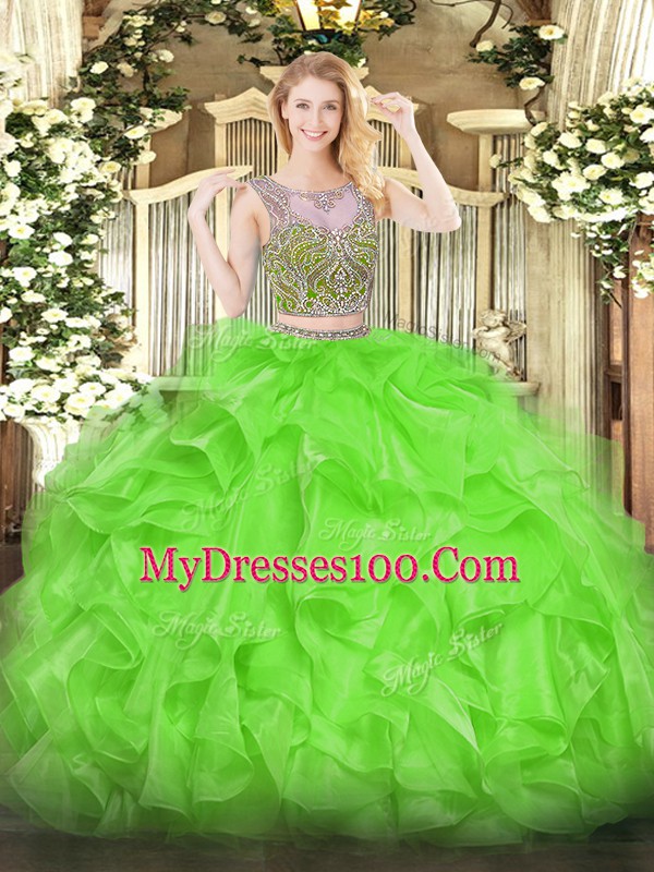 Hot Selling Beading and Ruffles 15th Birthday Dress Lace Up Sleeveless Floor Length