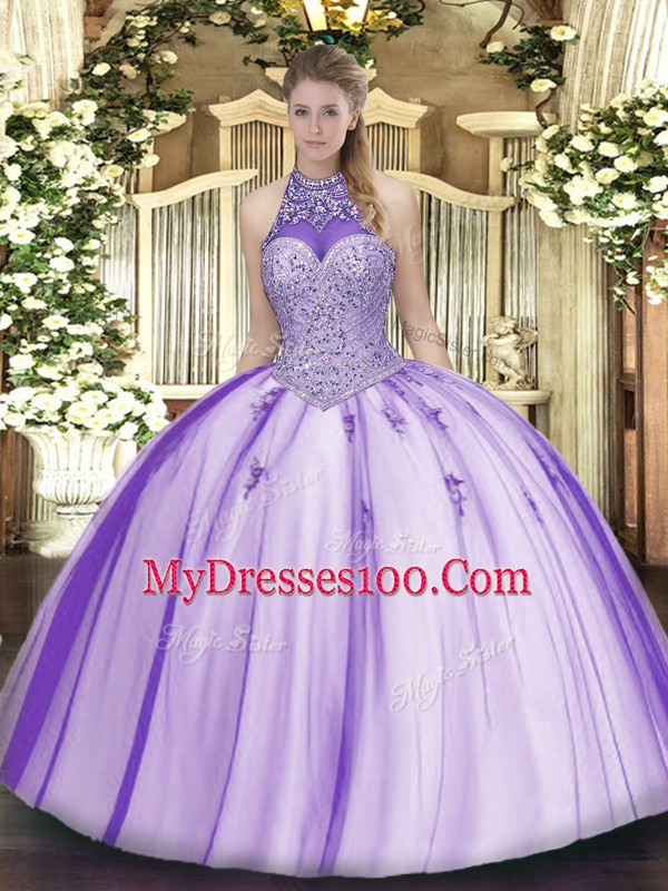 Delicate Halter Top Sleeveless Lace Up Sweet 16 Quinceanera Dress Lavender Tulle