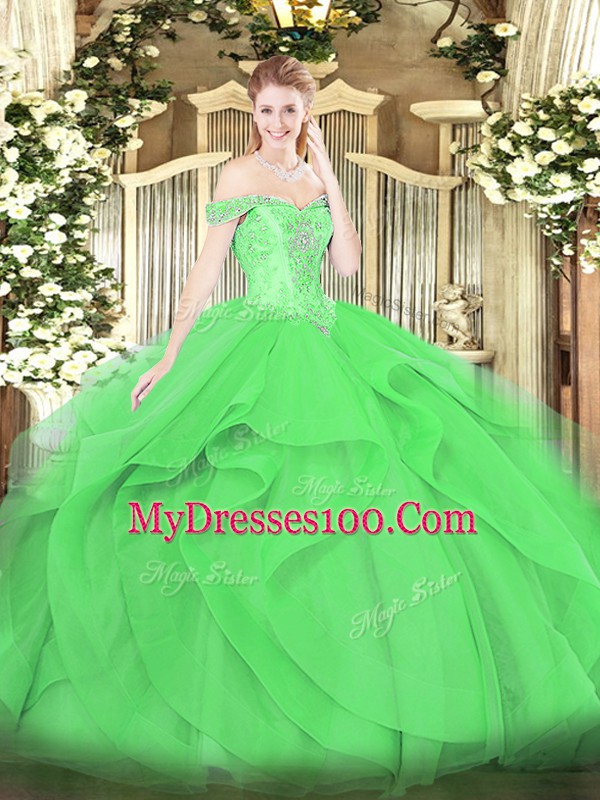 Fitting Green Sleeveless Beading and Ruffles Floor Length Sweet 16 Quinceanera Dress