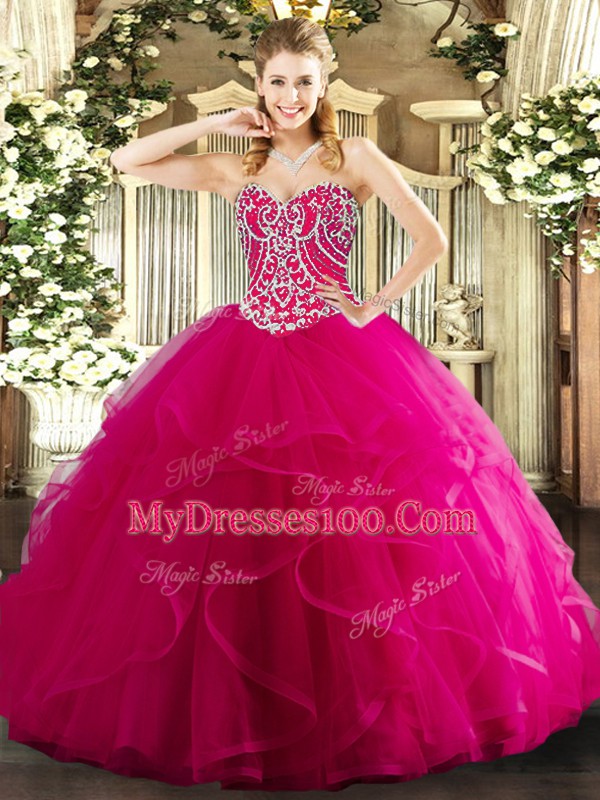 Fashion Sweetheart Sleeveless Tulle Vestidos de Quinceanera Beading and Ruffles Lace Up