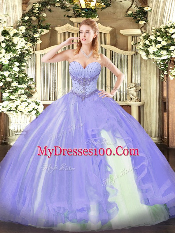 Lavender Sleeveless Beading and Ruffles Floor Length Sweet 16 Quinceanera Dress