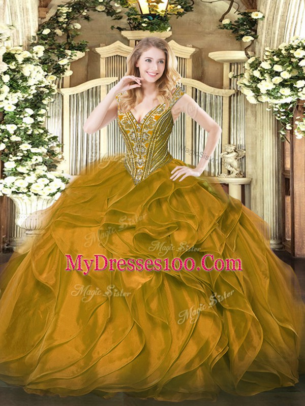 Pretty Sleeveless Beading and Ruffles Lace Up 15th Birthday Dress