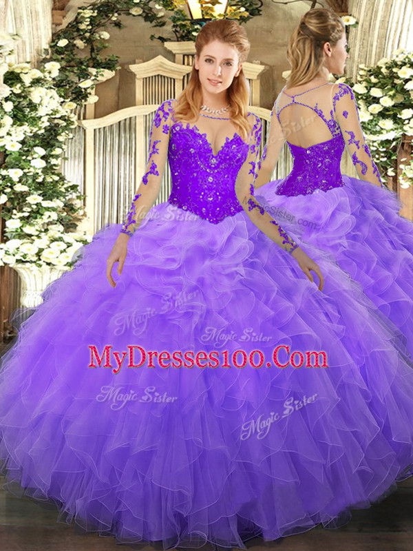 Unique Lavender Long Sleeves Organza Lace Up Sweet 16 Quinceanera Dress for Military Ball and Sweet 16 and Quinceanera