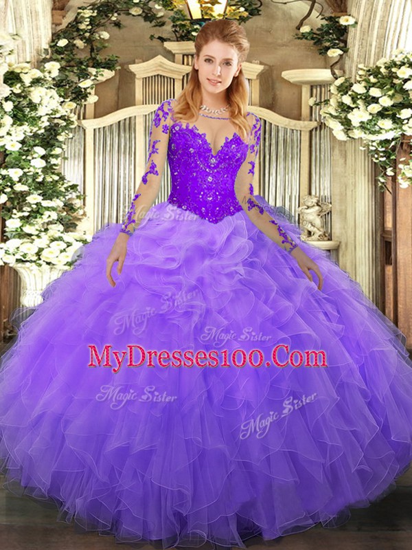 Unique Lavender Long Sleeves Organza Lace Up Sweet 16 Quinceanera Dress for Military Ball and Sweet 16 and Quinceanera
