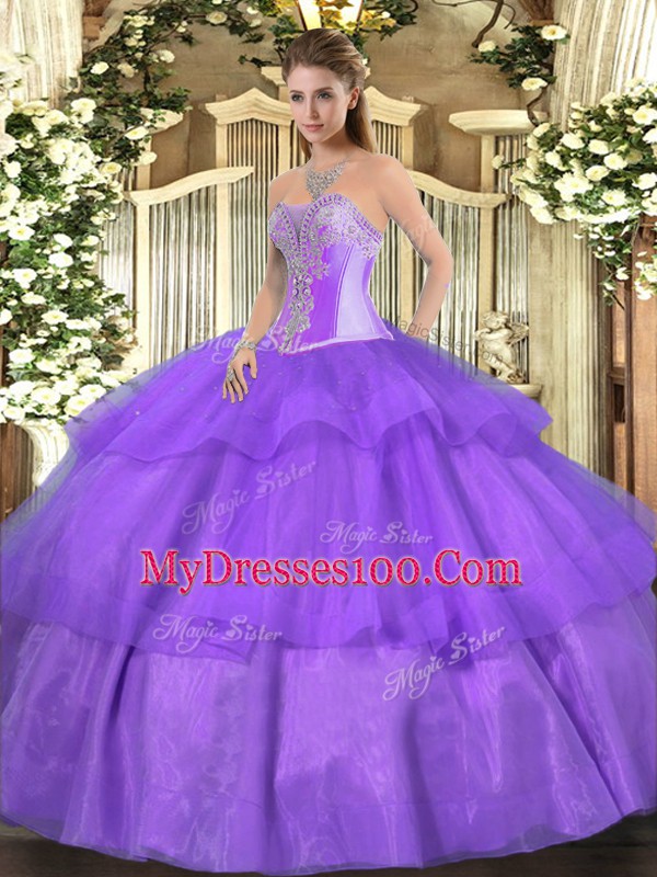 Lavender Tulle Lace Up 15 Quinceanera Dress Sleeveless Floor Length Beading and Ruffled Layers