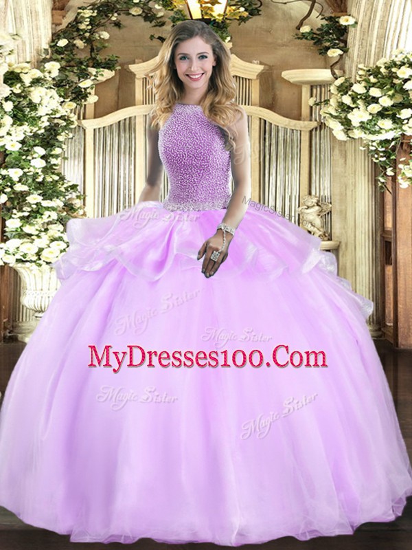 Fashionable Floor Length Lace Up 15 Quinceanera Dress Lilac for Military Ball and Sweet 16 and Quinceanera with Beading