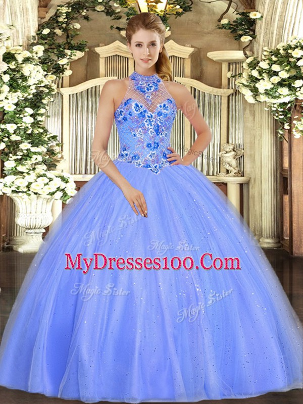 Hot Sale Blue Tulle Lace Up Vestidos de Quinceanera Sleeveless Floor Length Embroidery