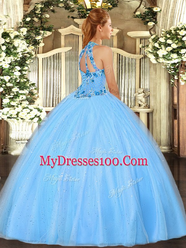Hot Sale Blue Tulle Lace Up Vestidos de Quinceanera Sleeveless Floor Length Embroidery