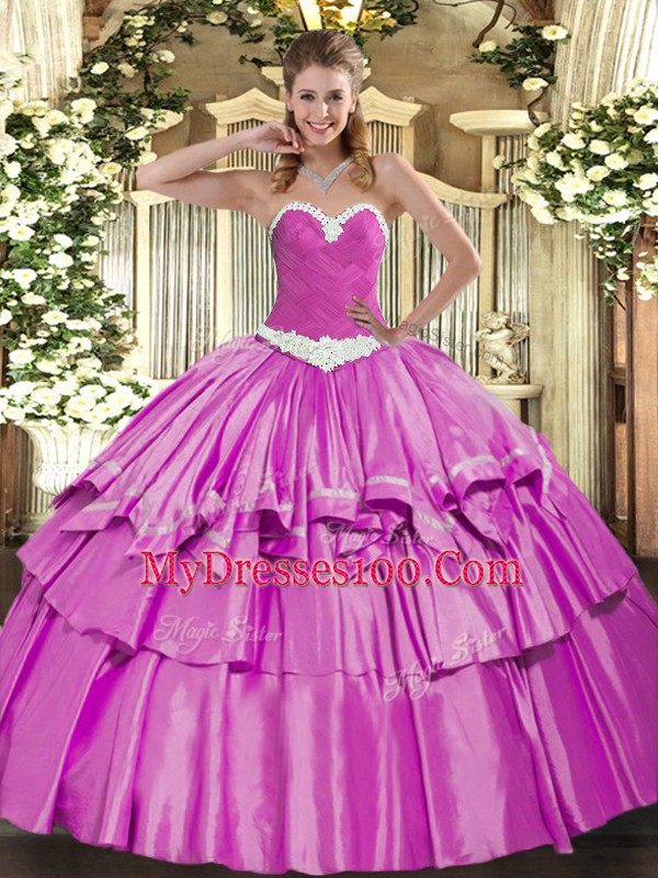 Flirting Lilac Sleeveless Appliques and Ruffled Layers Floor Length 15 Quinceanera Dress