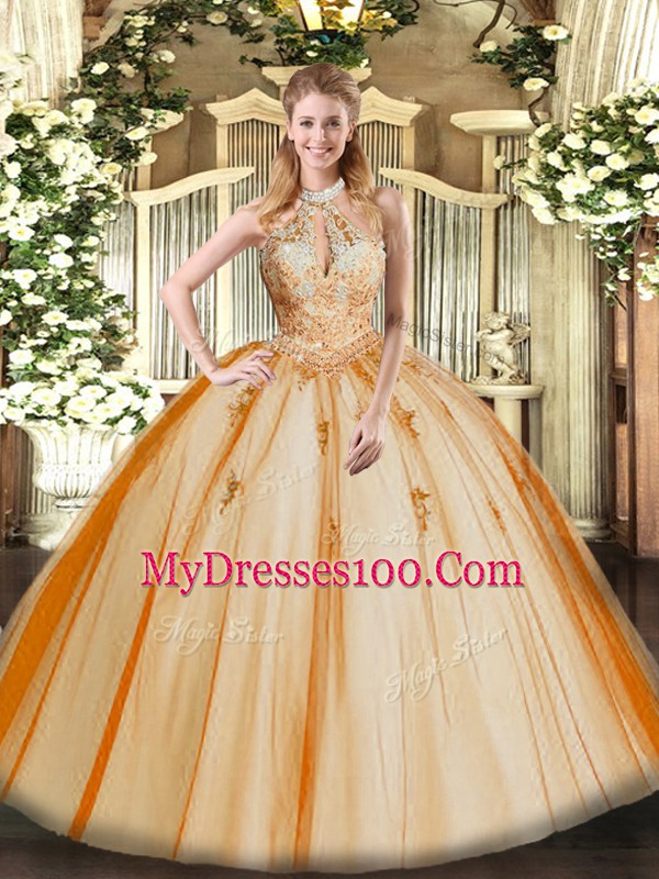 Orange Red Sleeveless Lace and Appliques Floor Length Quinceanera Dresses
