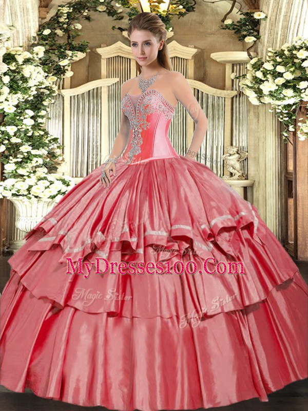 Super Floor Length Coral Red Vestidos de Quinceanera Organza and Taffeta Sleeveless Beading and Ruffled Layers