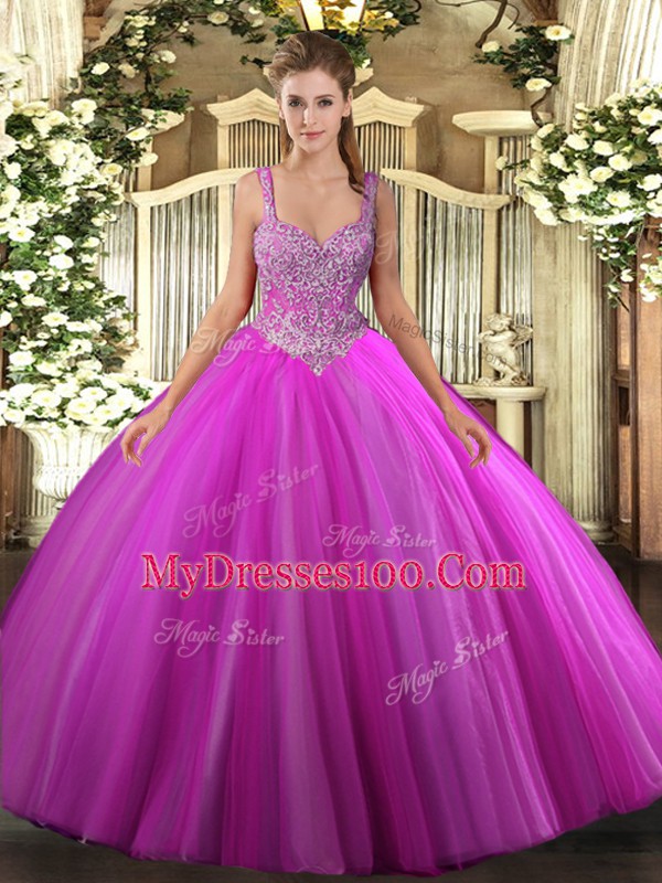 On Sale Fuchsia Sleeveless Beading Floor Length Ball Gown Prom Dress