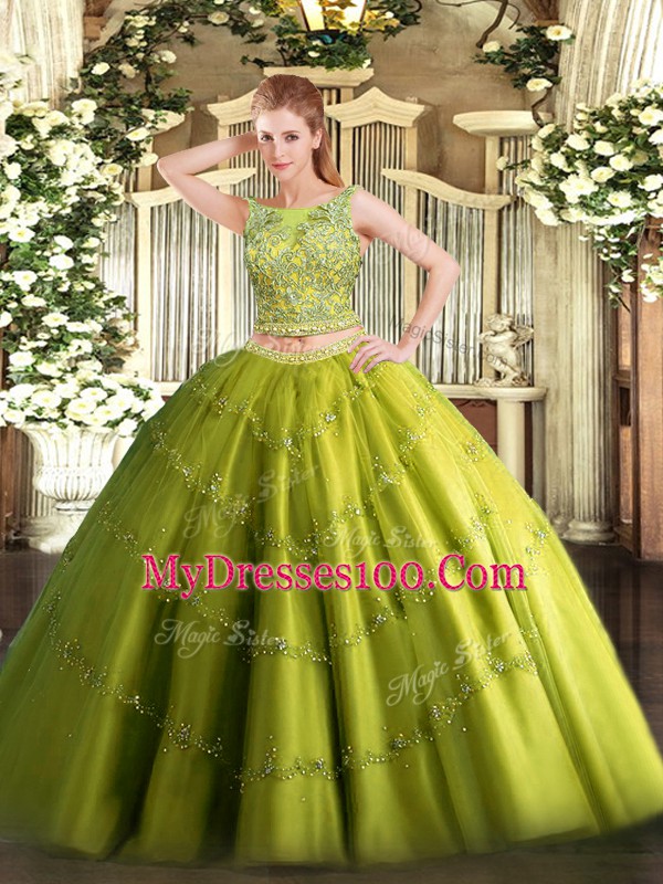 Olive Green Two Pieces Scoop Sleeveless Tulle Floor Length Lace Up Beading and Appliques Quinceanera Gown