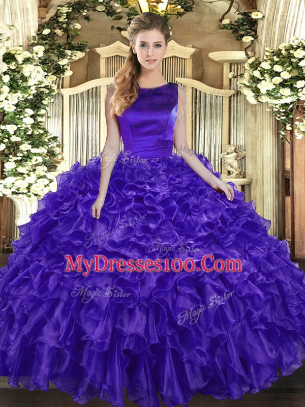 Simple Purple Sleeveless Floor Length Ruffles Lace Up 15th Birthday Dress
