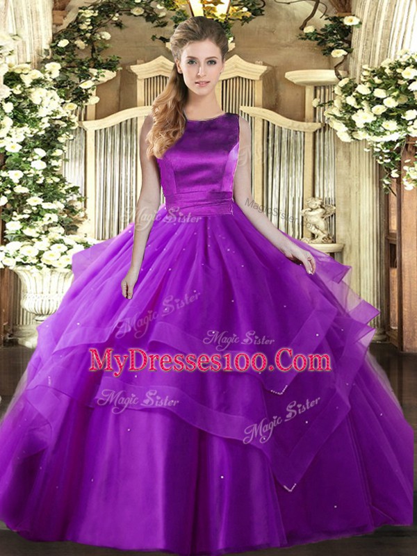 Most Popular Scoop Sleeveless Lace Up Sweet 16 Dresses Eggplant Purple Tulle