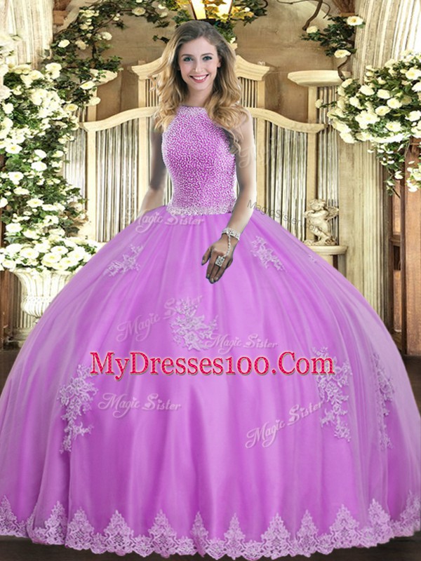 Hot Selling Lilac Sleeveless Floor Length Beading and Appliques Lace Up Quinceanera Dresses