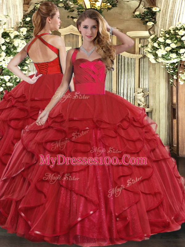 Wine Red Ball Gowns Tulle Halter Top Sleeveless Ruffles Floor Length Lace Up 15th Birthday Dress