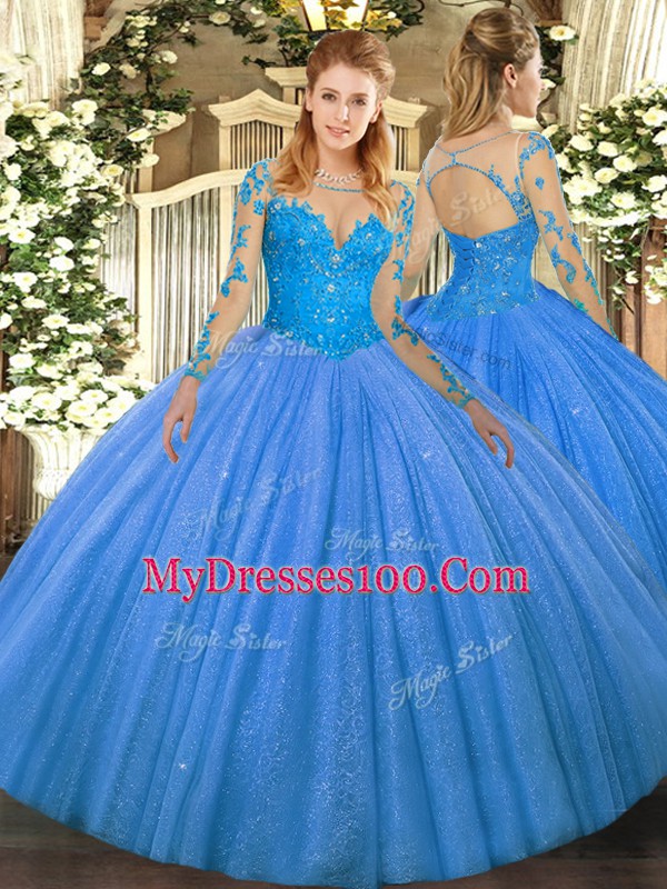 Dynamic Baby Blue Scoop Lace Up Lace Quinceanera Gown Long Sleeves