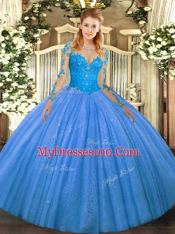 Dynamic Baby Blue Scoop Lace Up Lace Quinceanera Gown Long Sleeves