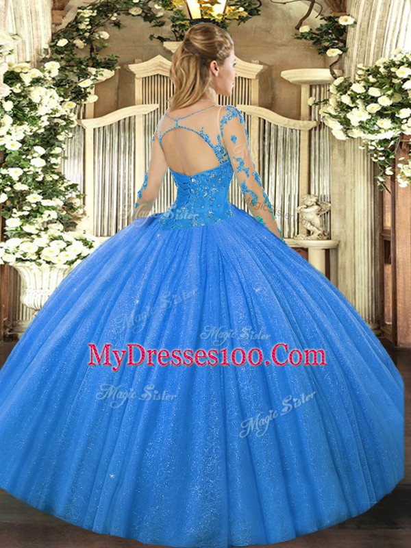 Dynamic Baby Blue Scoop Lace Up Lace Quinceanera Gown Long Sleeves
