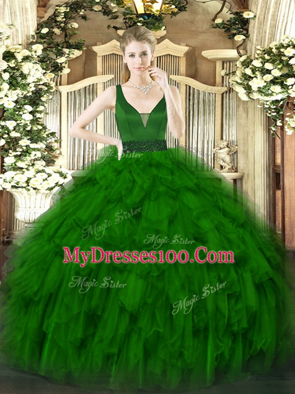 Deluxe Dark Green Sleeveless Floor Length Beading and Ruffles Zipper Quinceanera Dress