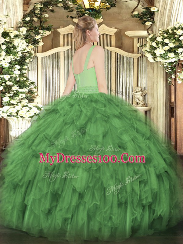 Deluxe Dark Green Sleeveless Floor Length Beading and Ruffles Zipper Quinceanera Dress