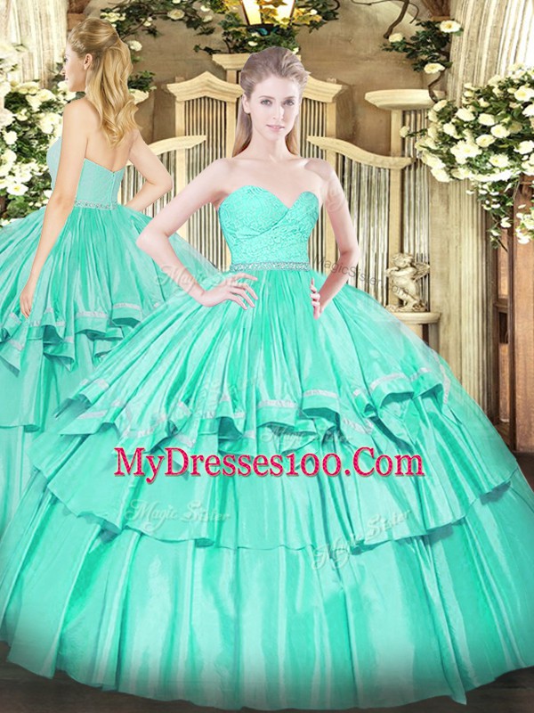 Sweetheart Sleeveless Sweet 16 Quinceanera Dress Floor Length Beading and Lace and Ruffled Layers Turquoise Organza