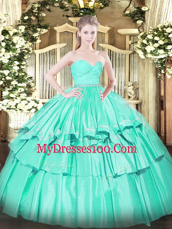 Sweetheart Sleeveless Sweet 16 Quinceanera Dress Floor Length Beading and Lace and Ruffled Layers Turquoise Organza