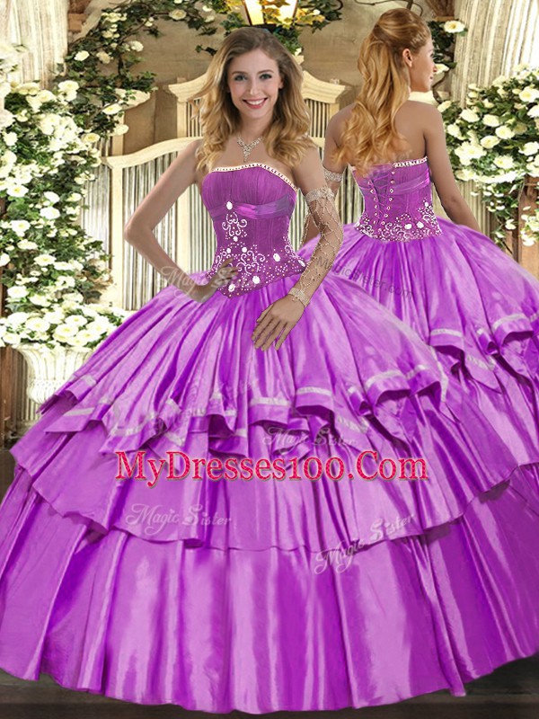 Lilac Ball Gowns Organza and Taffeta Strapless Sleeveless Beading and Ruffled Layers Floor Length Lace Up Quinceanera Dresses