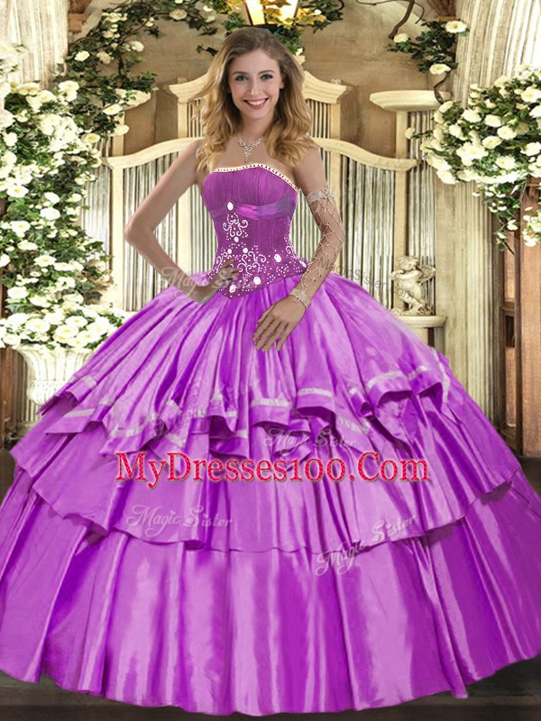Lilac Ball Gowns Organza and Taffeta Strapless Sleeveless Beading and Ruffled Layers Floor Length Lace Up Quinceanera Dresses