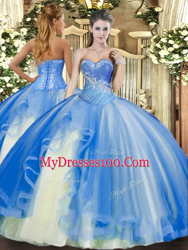 Cute Baby Blue Sleeveless Floor Length Beading and Ruffles Lace Up Sweet 16 Dresses