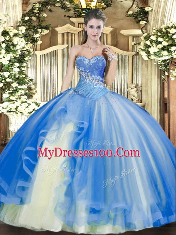 Cute Baby Blue Sleeveless Floor Length Beading and Ruffles Lace Up Sweet 16 Dresses
