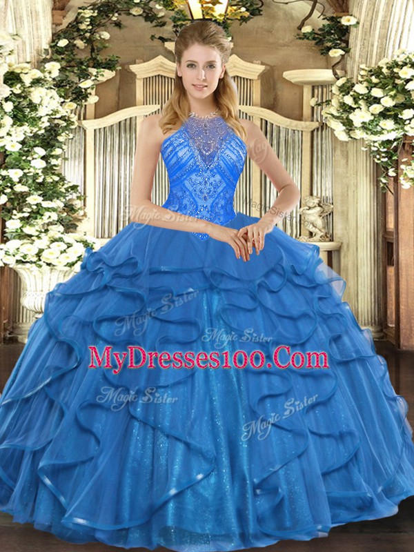 Fancy Teal Lace Up Sweet 16 Dresses Beading and Ruffles Sleeveless Floor Length