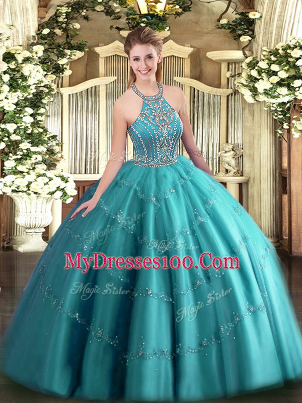 Teal Ball Gowns Beading and Appliques Quinceanera Dress Lace Up Tulle Sleeveless Floor Length