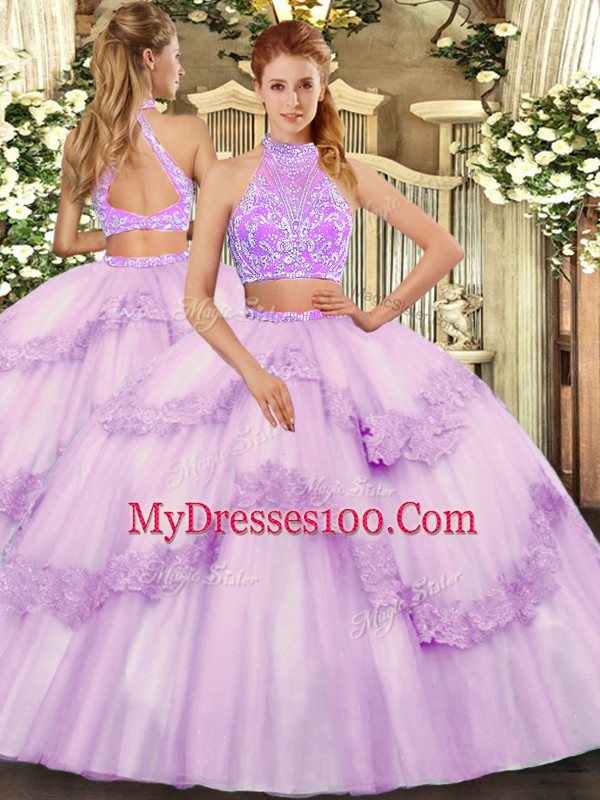 Sleeveless Tulle Floor Length Criss Cross Quinceanera Dresses in Lavender with Beading and Lace and Ruffles
