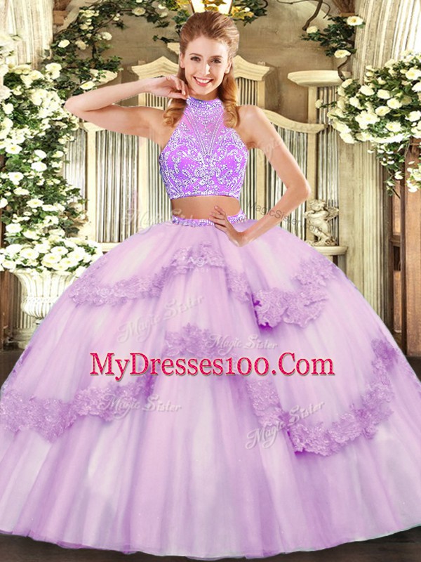 Sleeveless Tulle Floor Length Criss Cross Quinceanera Dresses in Lavender with Beading and Lace and Ruffles
