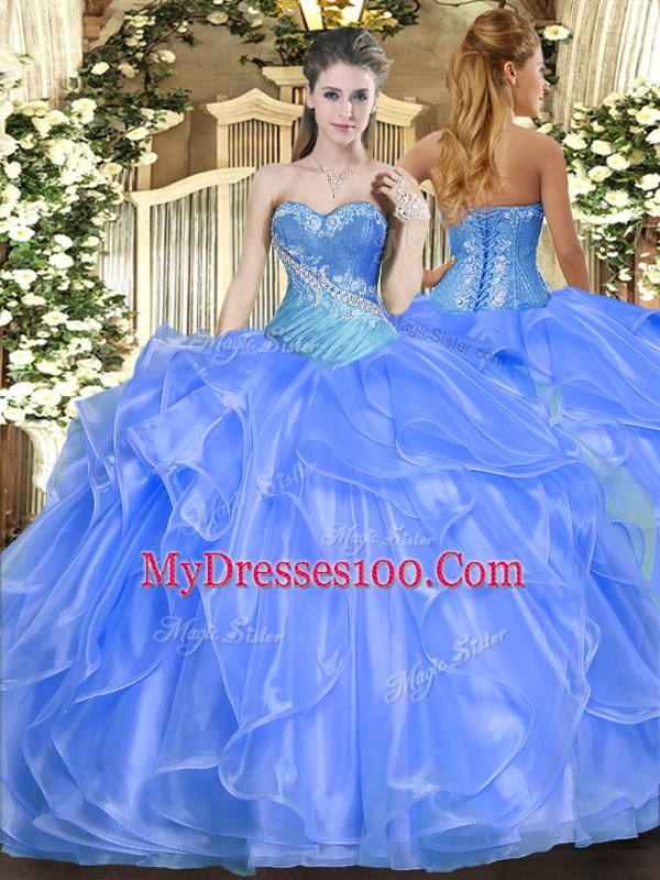 Ideal Baby Blue Sweetheart Lace Up Beading and Ruffles Sweet 16 Quinceanera Dress Sleeveless
