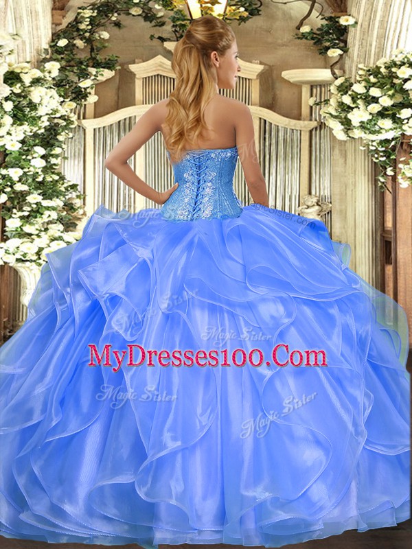 Ideal Baby Blue Sweetheart Lace Up Beading and Ruffles Sweet 16 Quinceanera Dress Sleeveless
