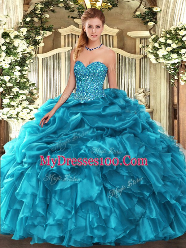 Admirable Teal Ball Gowns Beading and Ruffles and Pick Ups Vestidos de Quinceanera Lace Up Organza Sleeveless Floor Length