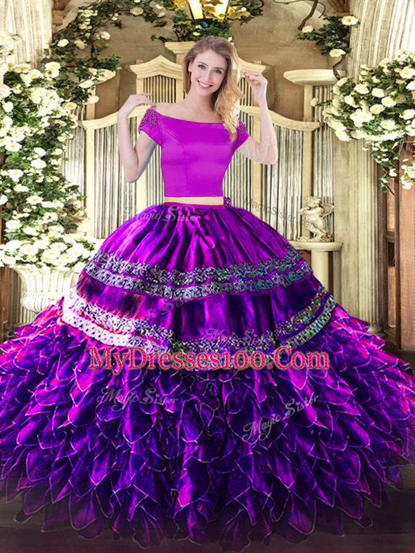 Modern Eggplant Purple Organza and Taffeta Zipper Off The Shoulder Short Sleeves Floor Length Ball Gown Prom Dress Embroidery and Ruffles