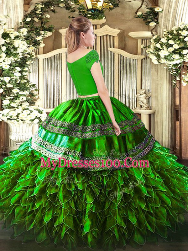Modern Eggplant Purple Organza and Taffeta Zipper Off The Shoulder Short Sleeves Floor Length Ball Gown Prom Dress Embroidery and Ruffles
